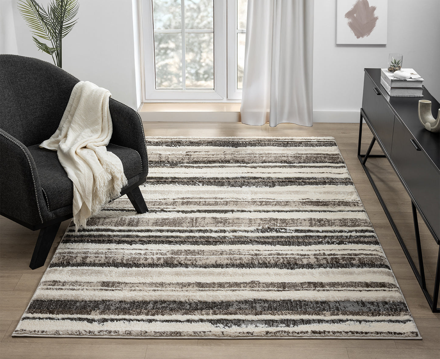 Grey Eleanor Linear embossed abstract rug, styled view 3