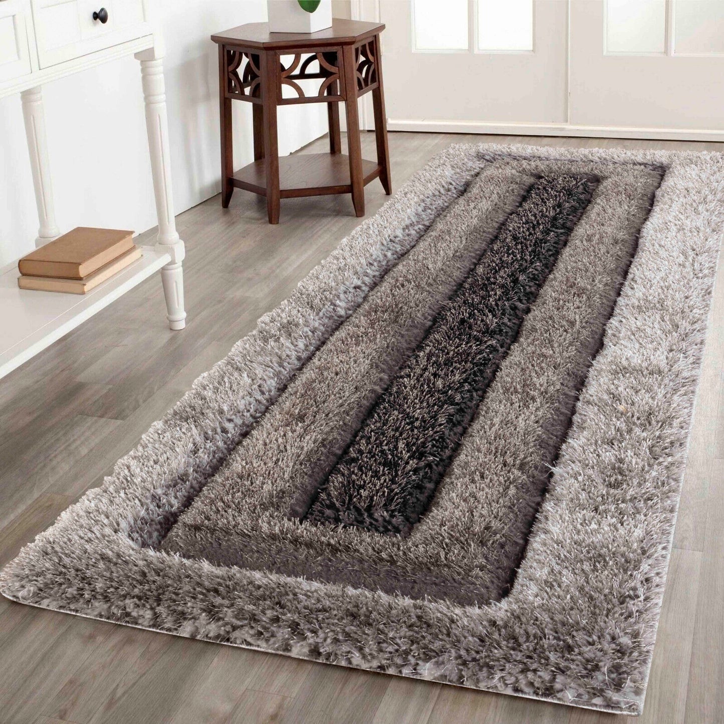 California Hand-Carved Shaggy Rug - Bordered Grey