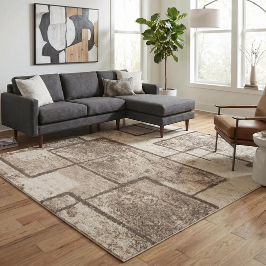 Beige Rhodes Enigma geometric rug, in a room setting