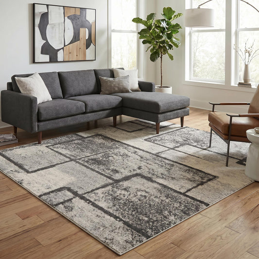 Grey Rhodes Enigma geometric rug, in a room setting