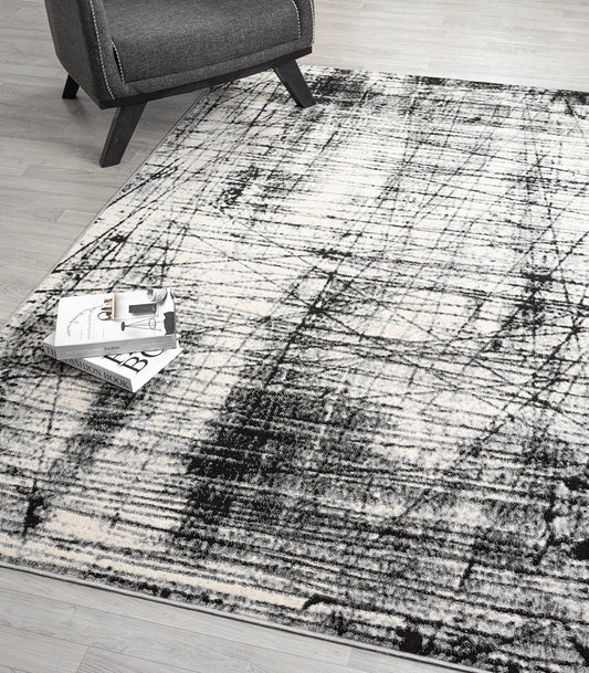 Grey Obsidian Oblique monochrome rug, in a room setting 2
