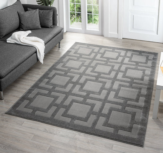 Grey Vellure Maze textured geometric rug, in a room setting