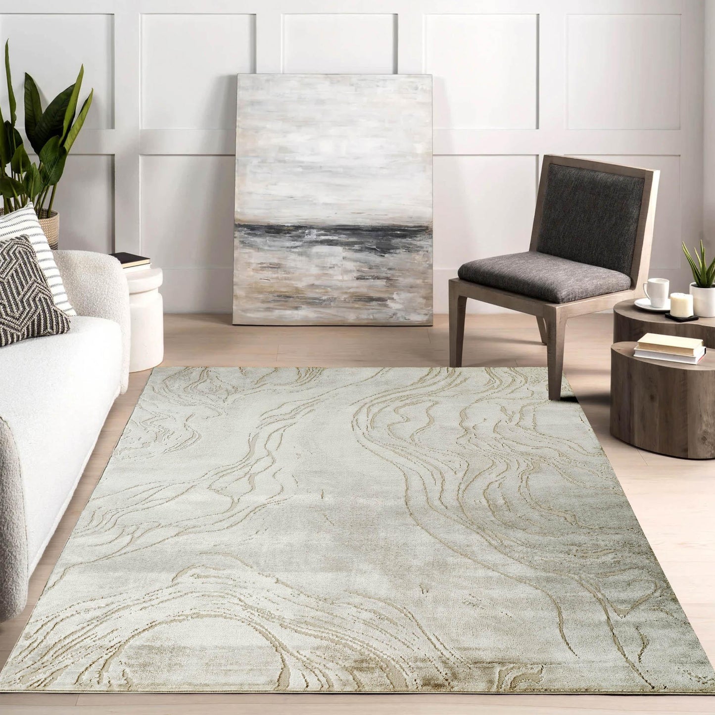 Novu Metallic Abstract Rug - Stream Beige
