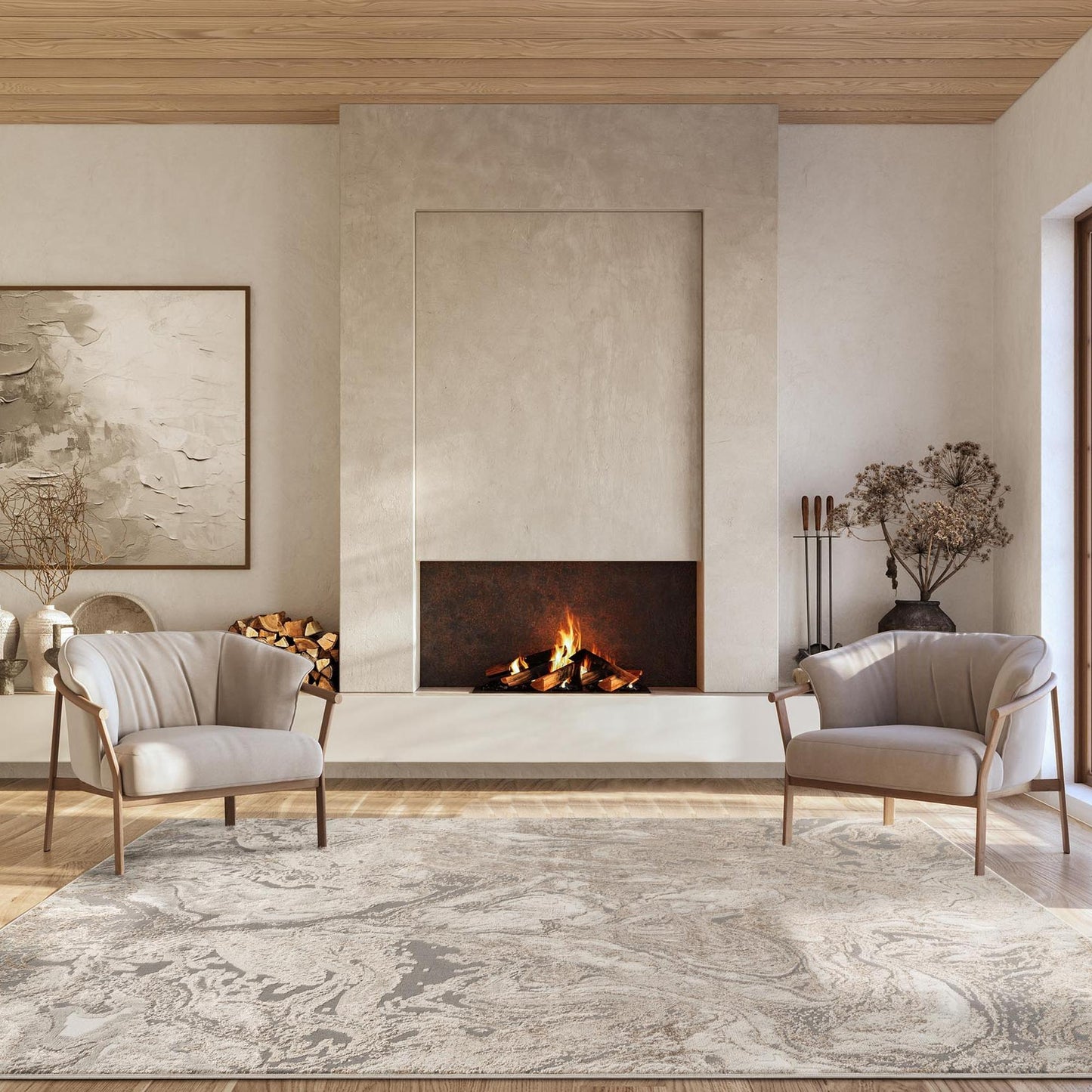 Elysium Astral metallic abstract rug, styled view