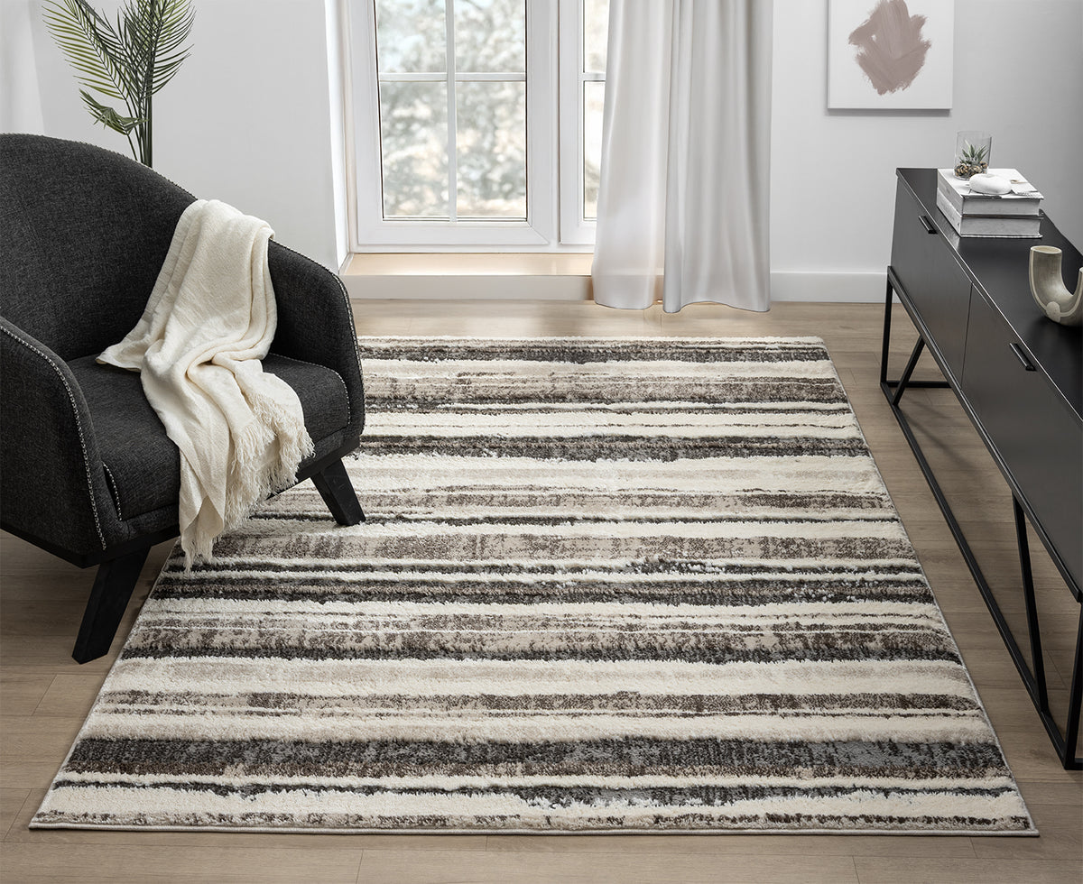 Grey Eleanor Linear embossed abstract rug, styled view 3