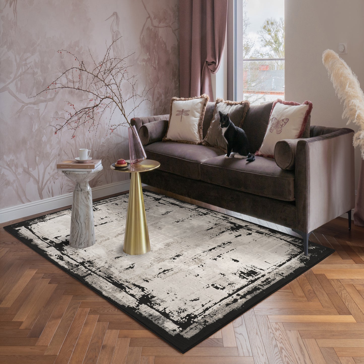 Mayfair Frame metallic rug, styled view