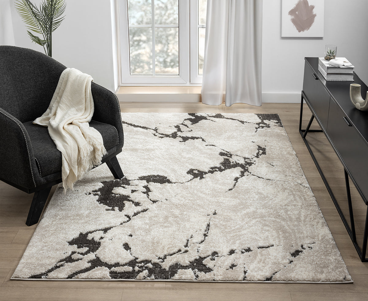 Grey Eleanor Astro embossed abstract rug, styled view 2