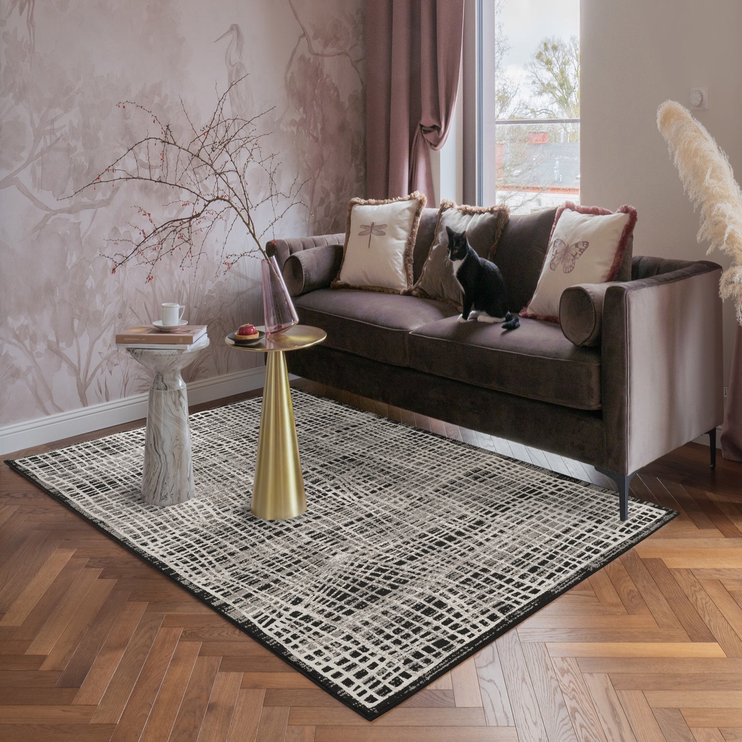 Mayfair Mesh metallic rug, styled view