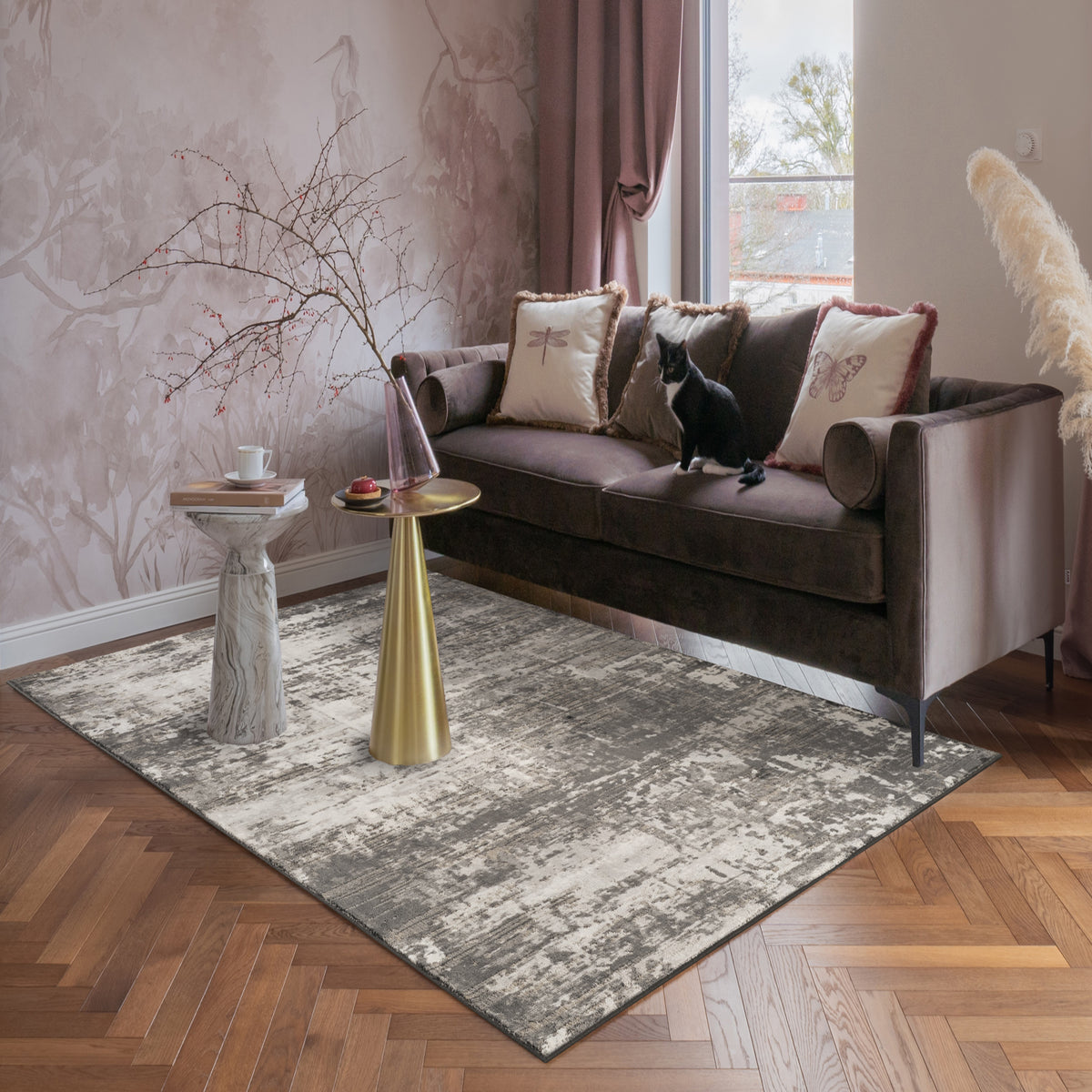 Mayfair Abyss metallic rug, styled view