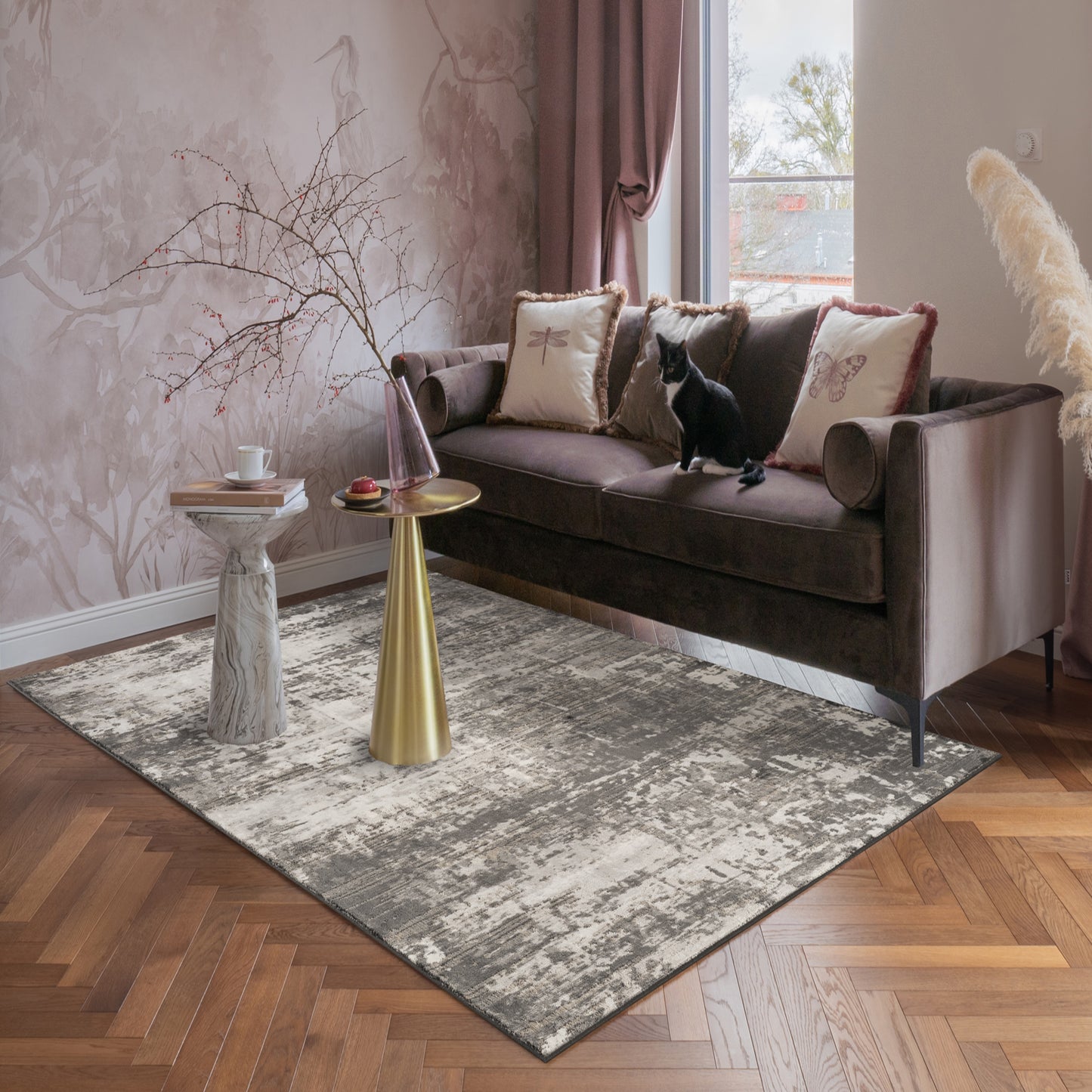 Mayfair Abyss metallic rug, styled view