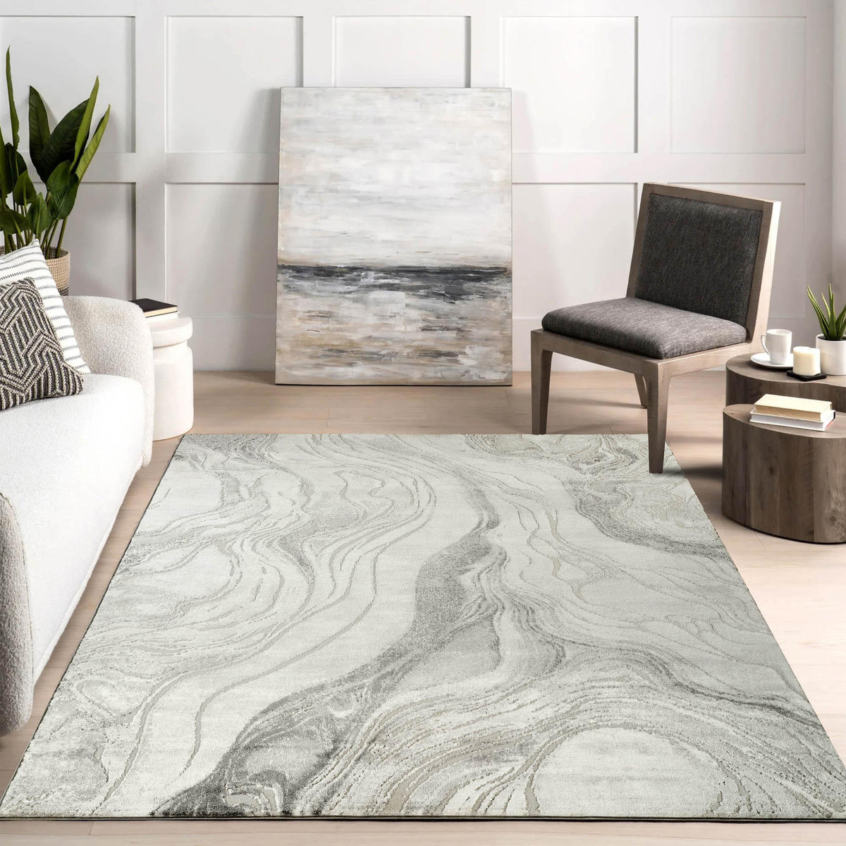 Grey Novu Stream abstract rug, styled view 5