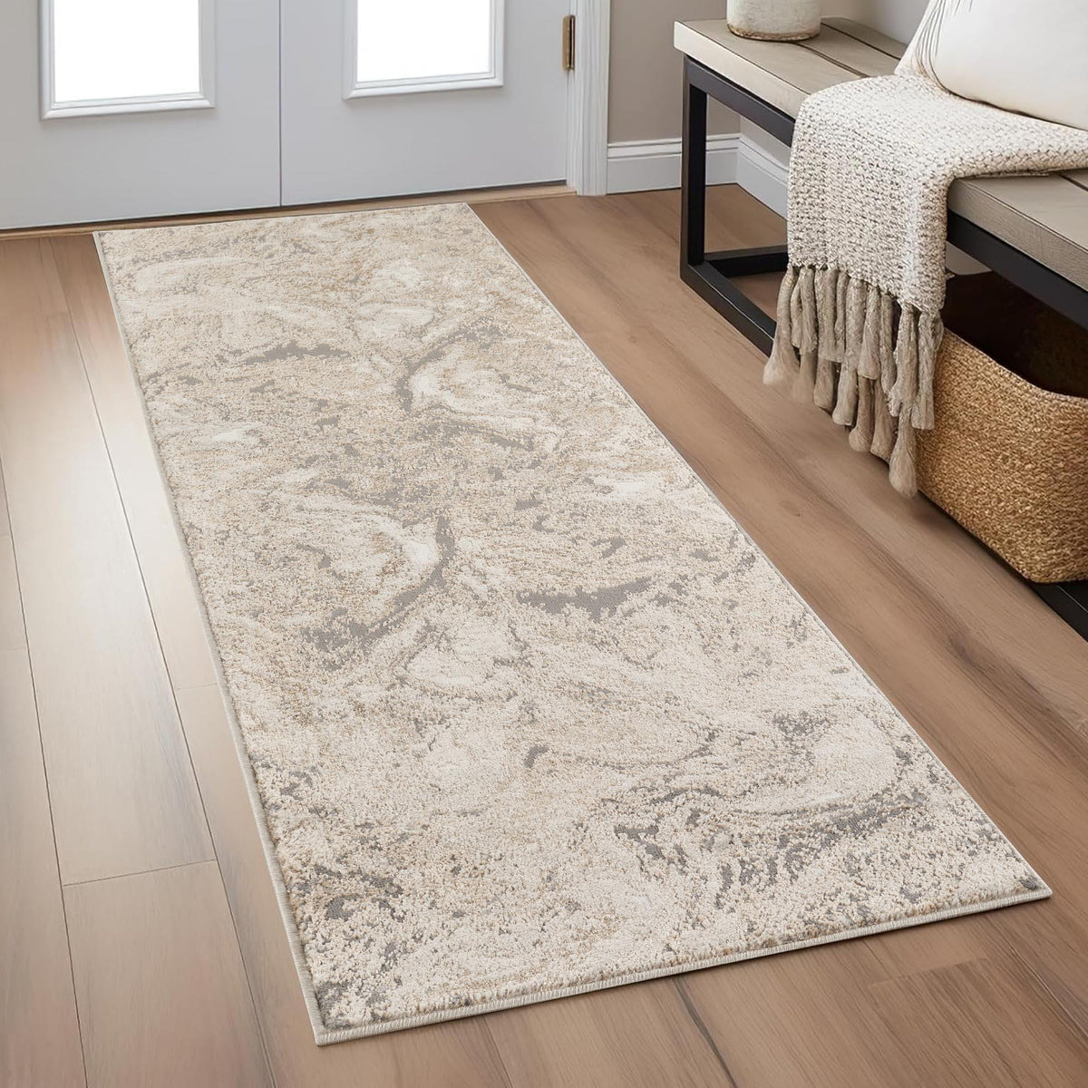Elysium Astral metallic abstract rug, styled view 5