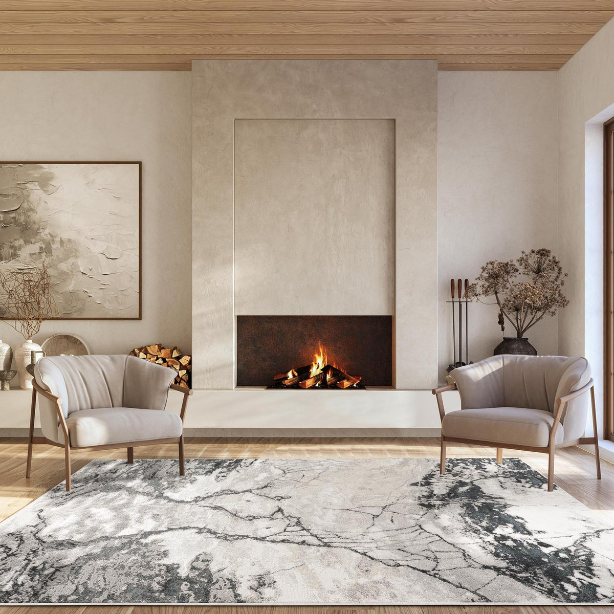 Elysium Huracan metallic abstract rug, styled view