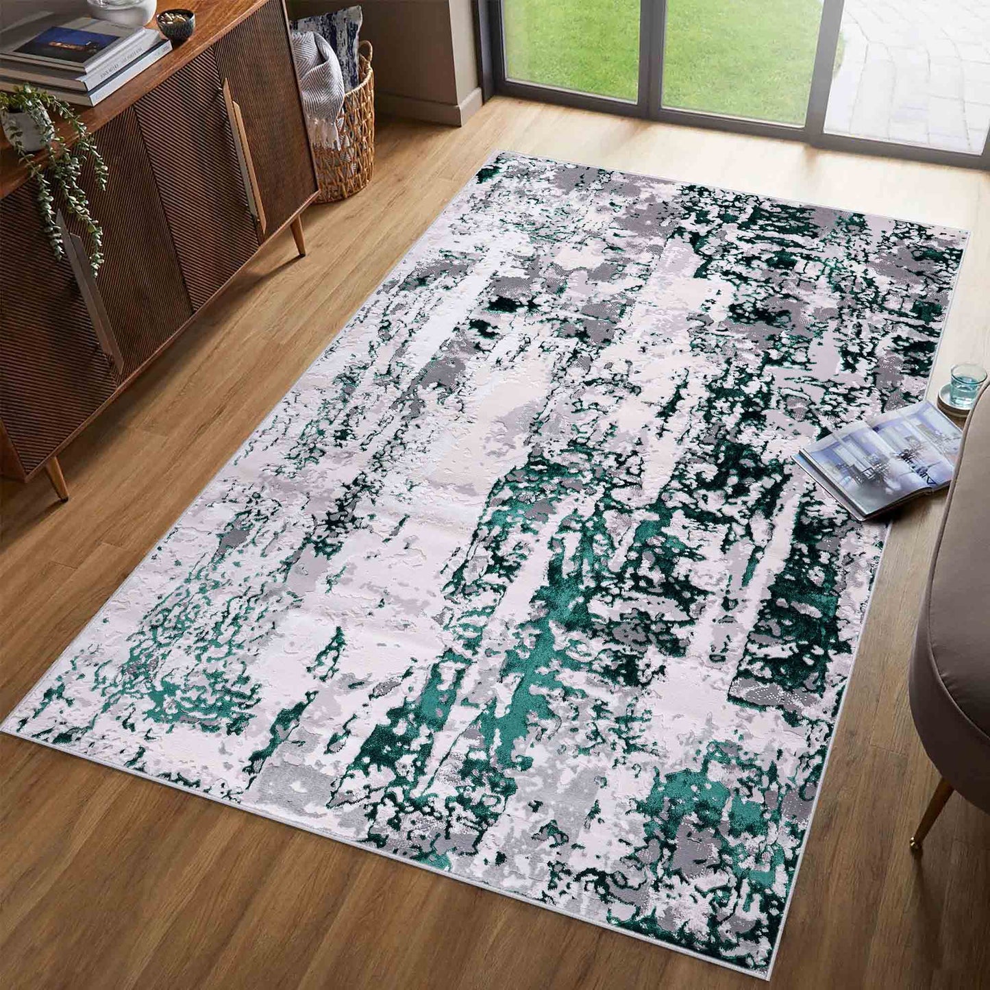Aqua Emperor Styra abstract rug, styled view 3