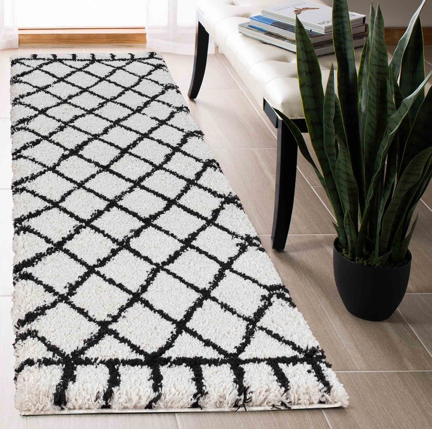 Marrakesh Diamond Shaggy Rug - Stone