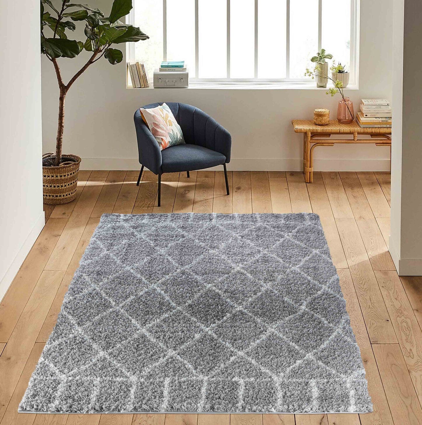 Marrakesh Diamond Shaggy Rug - Grey