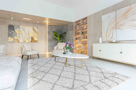 Marrakesh Diamond Shaggy Rug - Light Cream