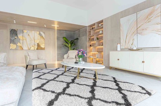 Marrakesh Bold Trellis Shaggy Rug - Dark Cream