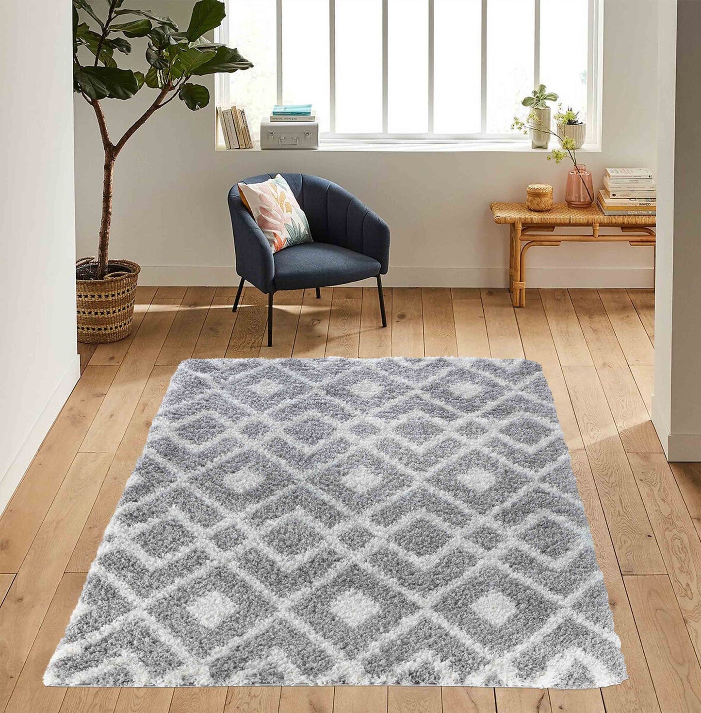 Marrakesh Distorted Checkered Shaggy Rug - Grey