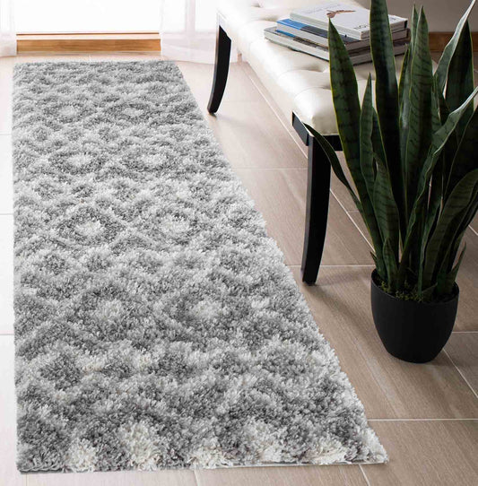 Marrakesh Distorted Checkered Shaggy Rug - Grey