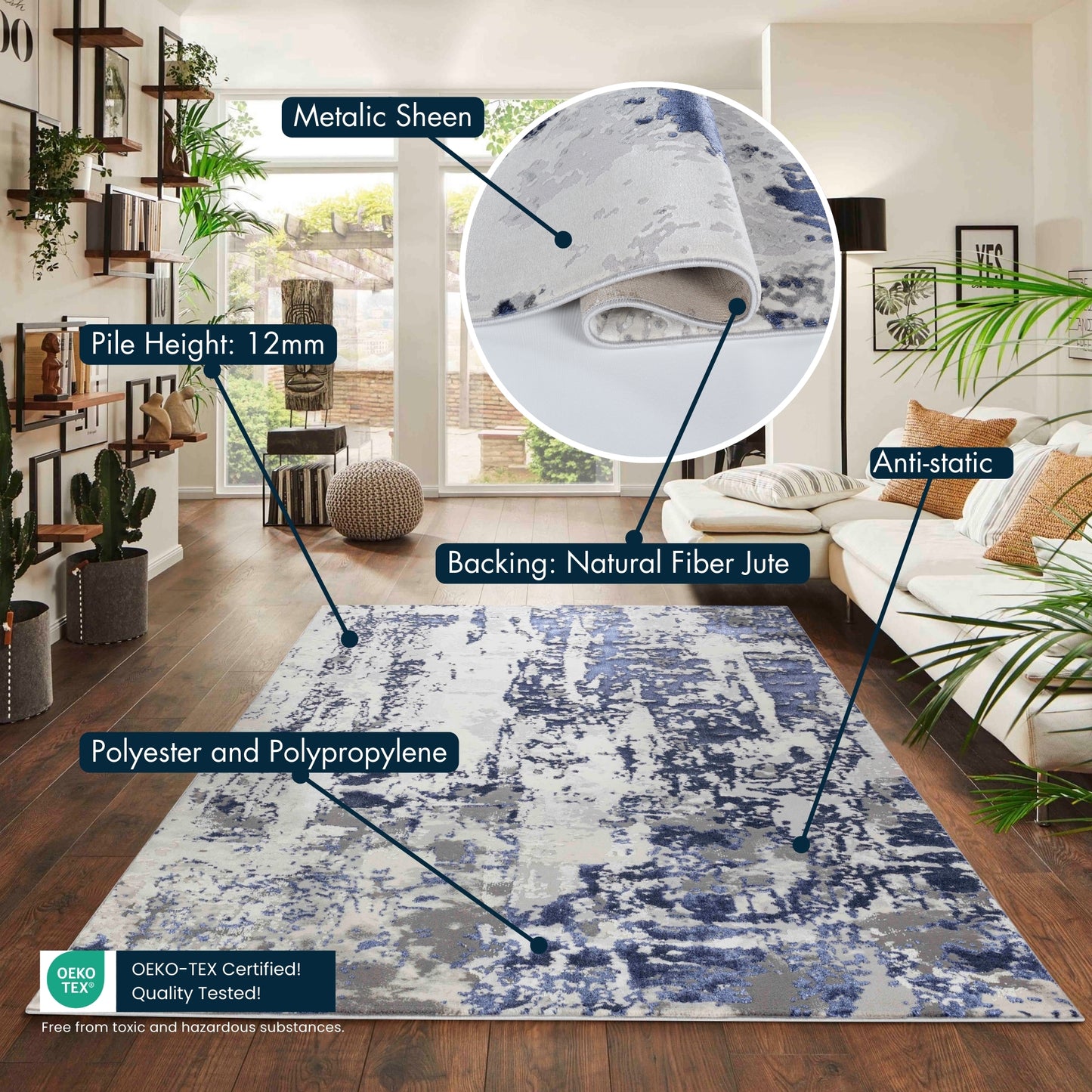 Aqua Emperor Styra abstract rug, styled view 8