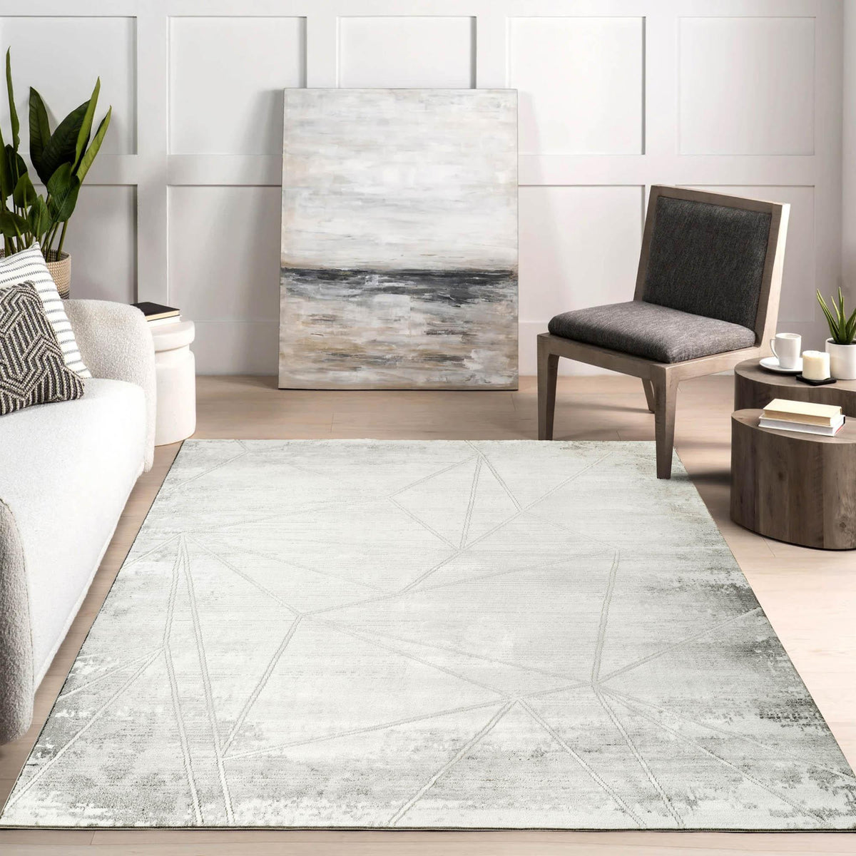 Grey Novu Mirage abstract rug, styled view 5