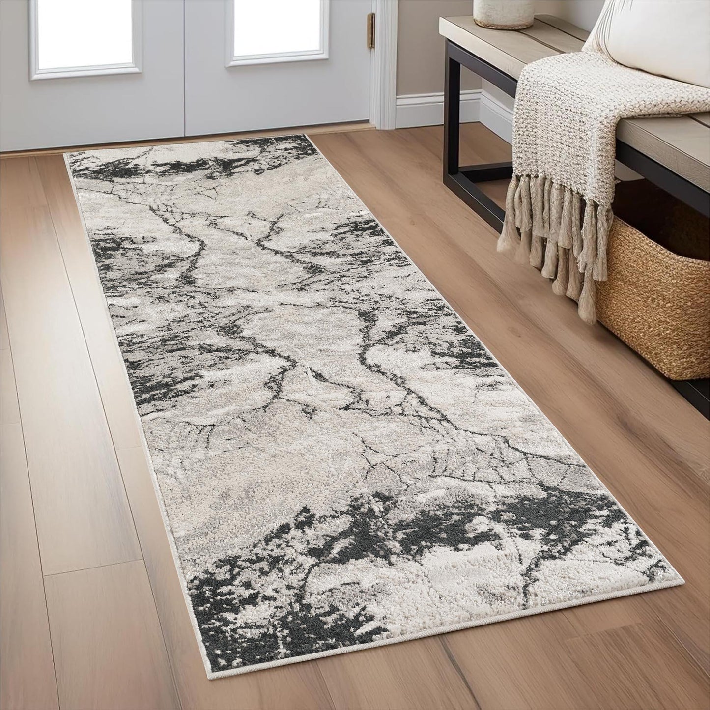 Elysium Huracan metallic abstract rug, styled view 5