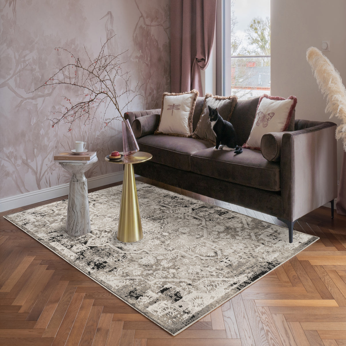 Mayfair Flora metallic rug, styled view