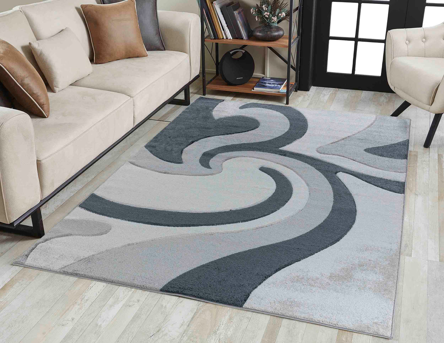 Valencia Swirl Caved Rug - Grey