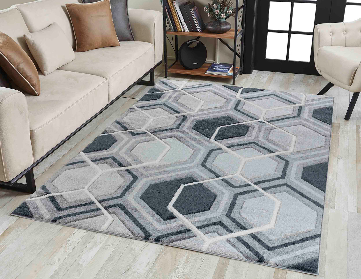 Valencia Hexagon Caved Rug - Black