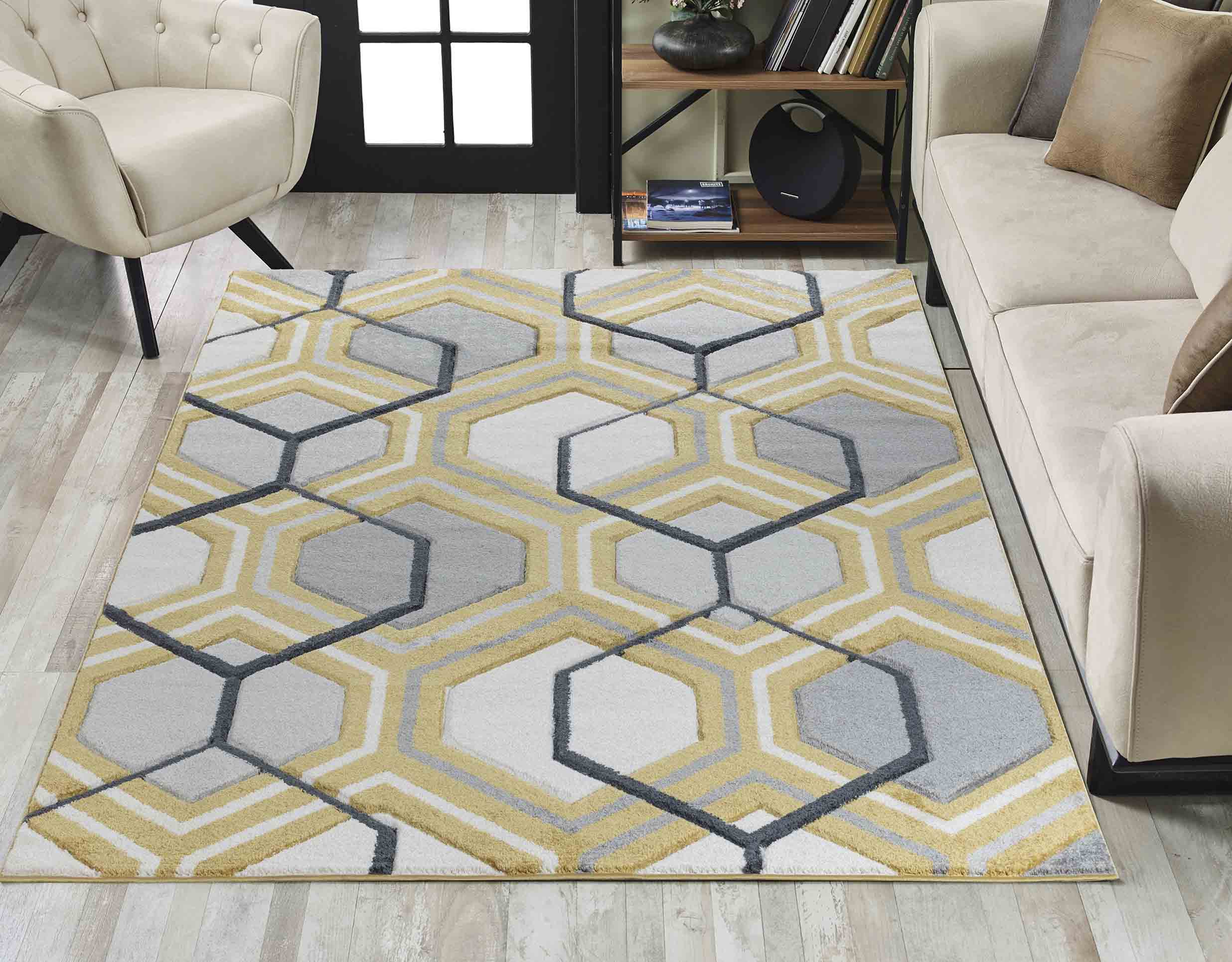 Valencia Hexagon Caved Rug - Gold