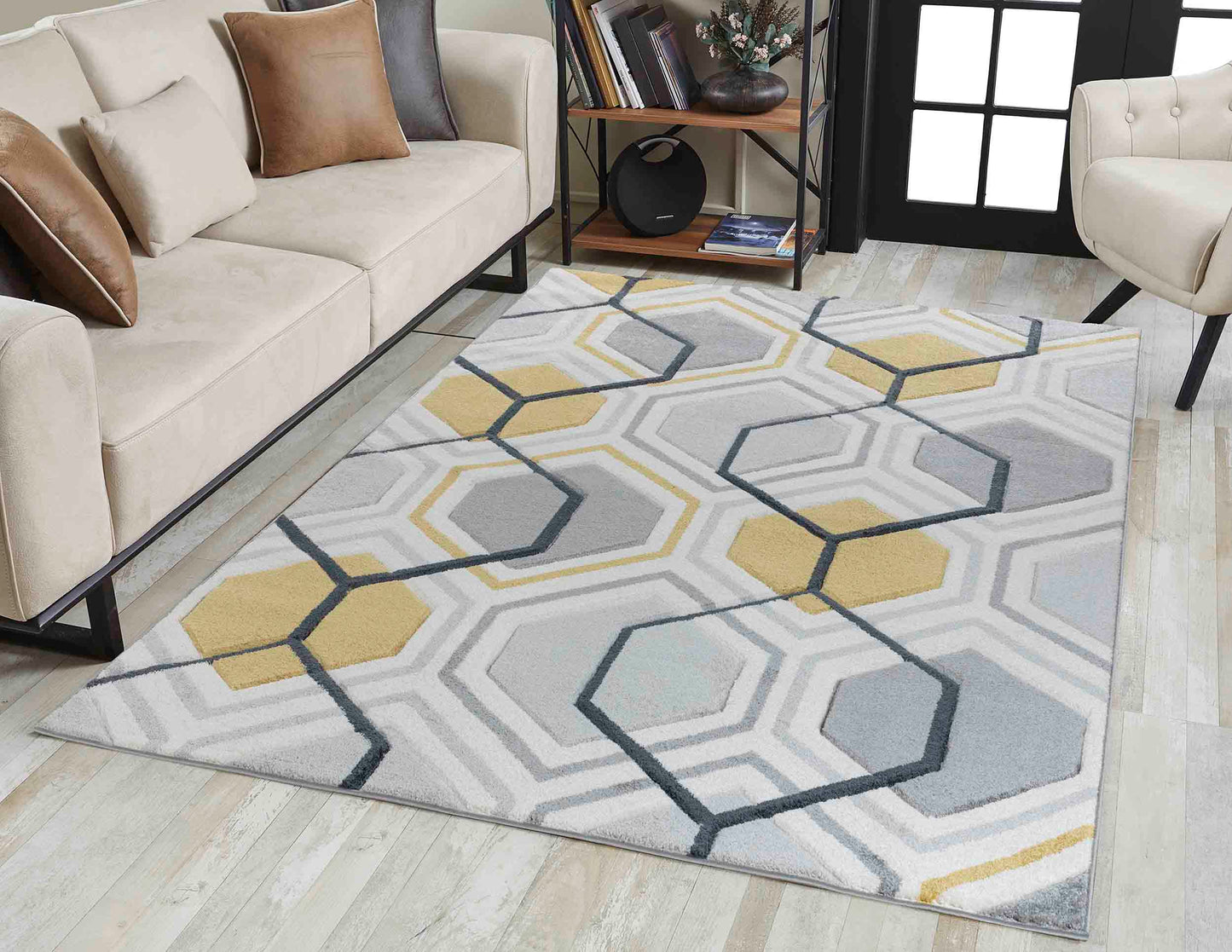Valencia Hexagon Caved Rug - Grey