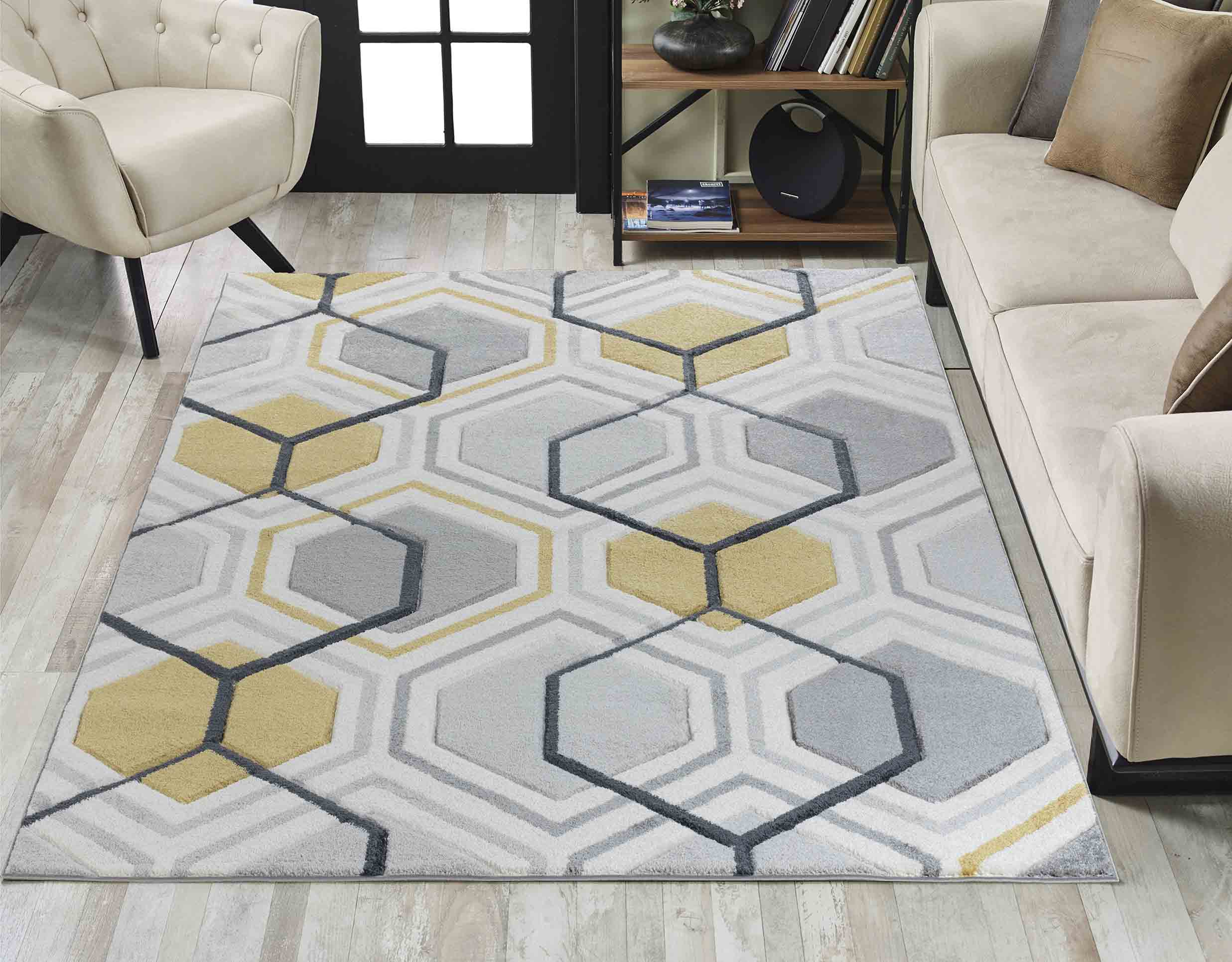 Valencia Hexagon Caved Rug - Grey