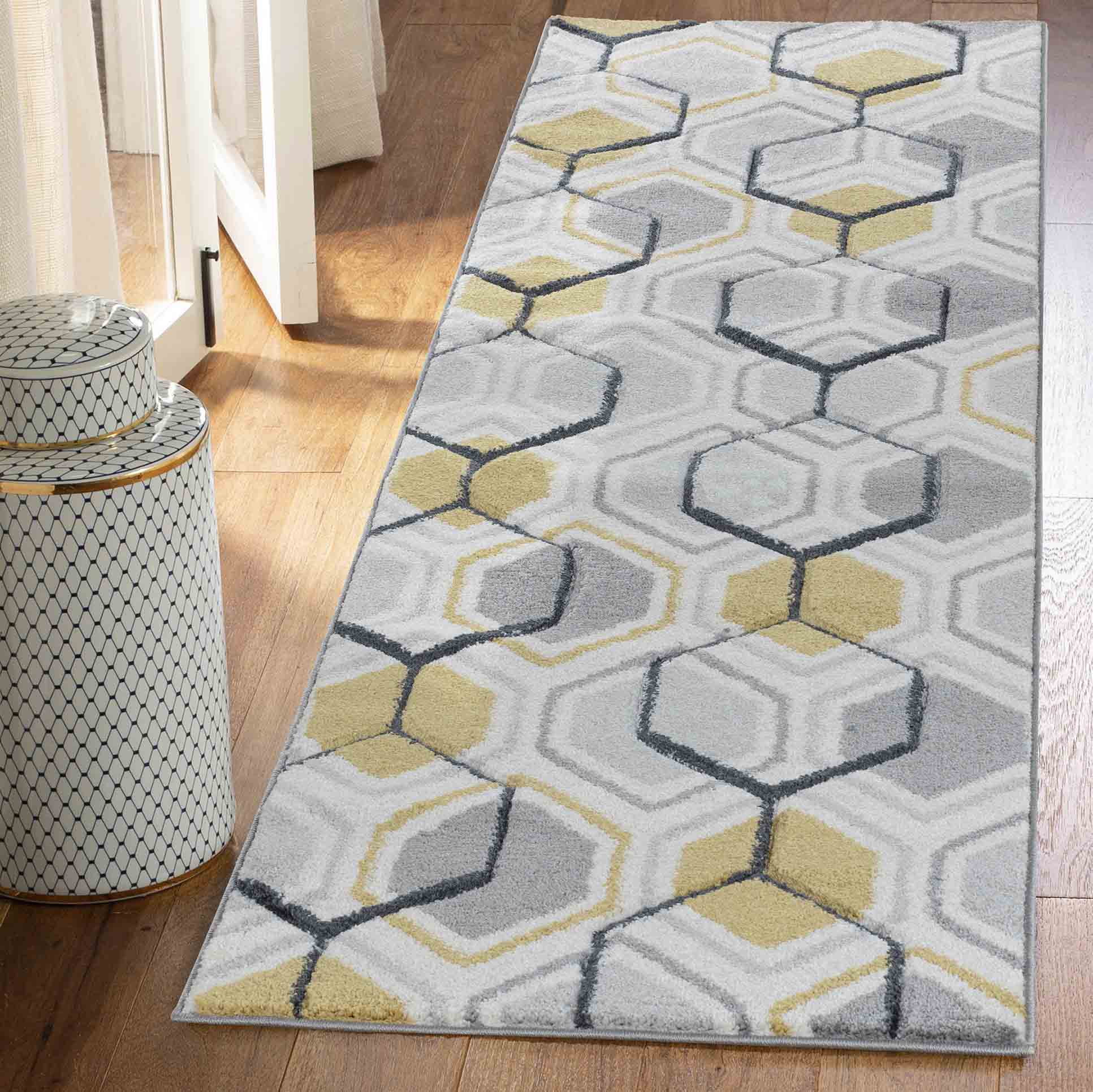 Valencia Hexagon Caved Rug - Grey