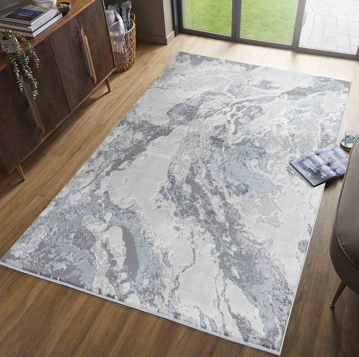 Emperor Metallic Abstract Rug - Picasso Silver
