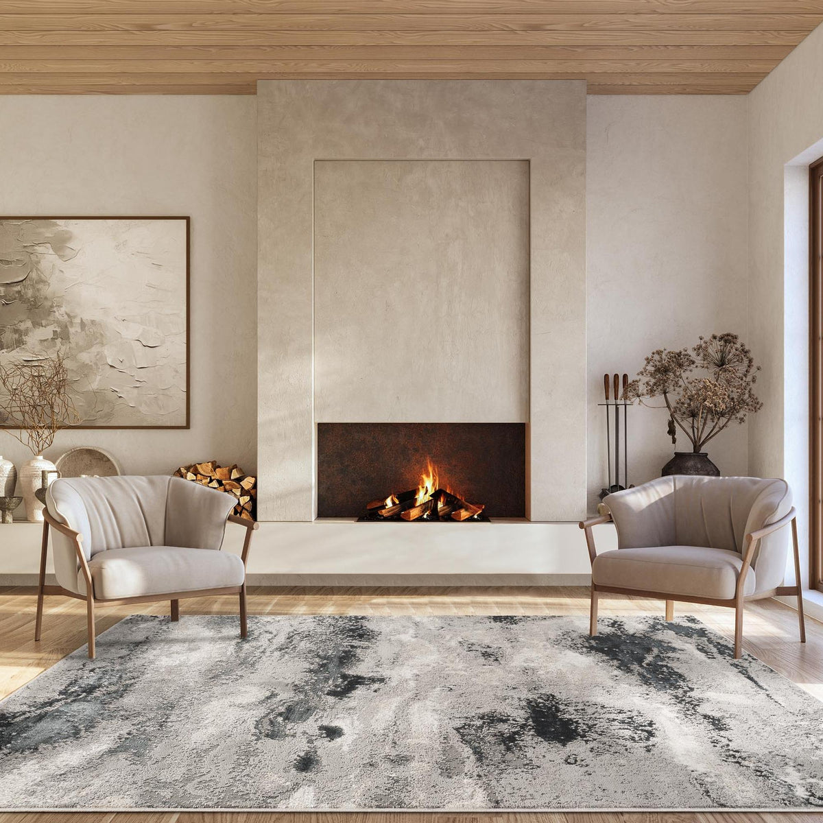 Elysium Mist metallic abstract rug, styled view