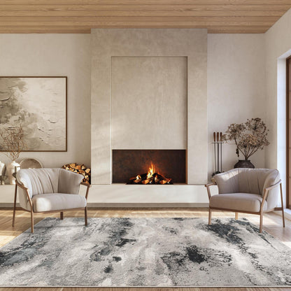 Elysium Mist metallic abstract rug, styled view