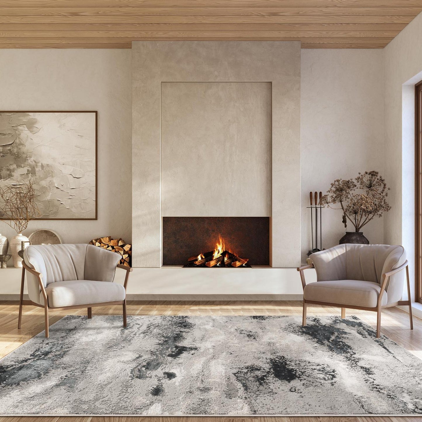 Elysium Mist metallic abstract rug, styled view