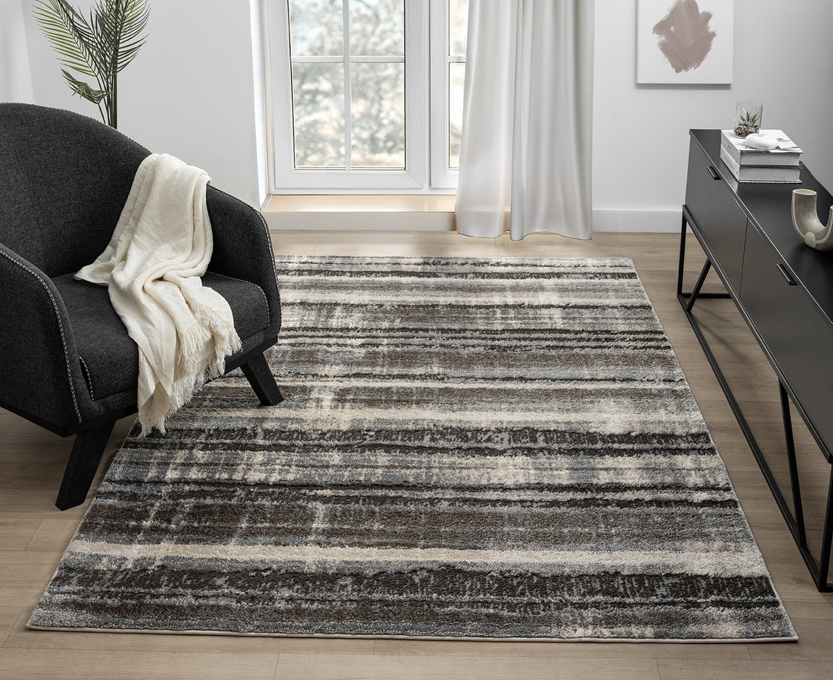 Grey Eleanor Linear embossed abstract rug, styled view 2