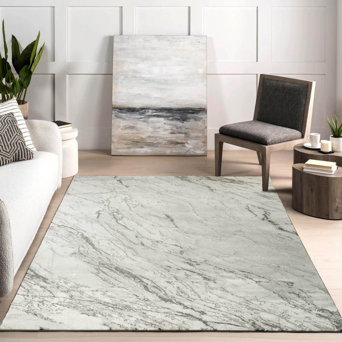 Grey Novu Valley abstract rug, styled view 5
