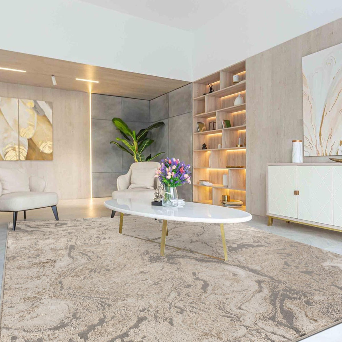 Elysium Astral metallic abstract rug, styled view 6