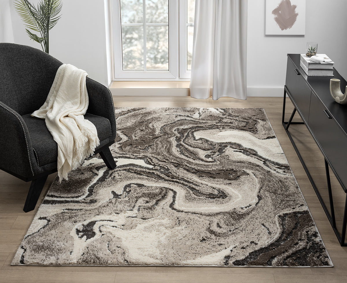 Grey Eleanor Marble embossed abstract rug, styled view 2