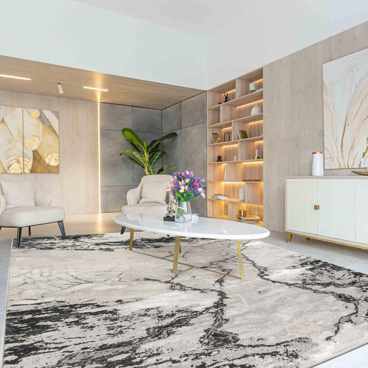 Elysium Huracan metallic abstract rug, styled view 6