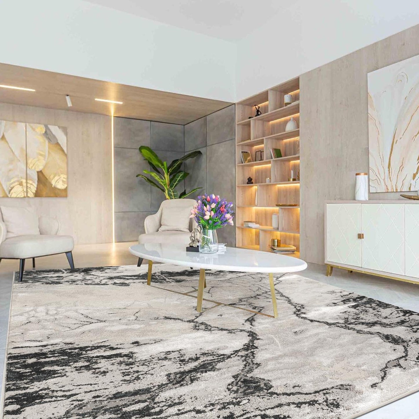 Elysium Huracan metallic abstract rug, styled view 6