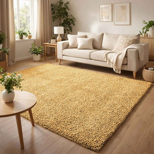 Gold Ainsley shaggy rug, in a room setting