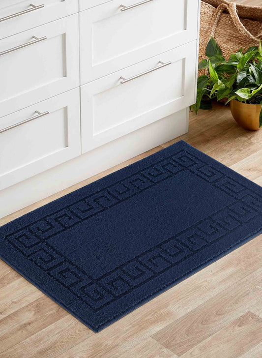 Navy Blue Ivy Greek Key door mat, in a room setting