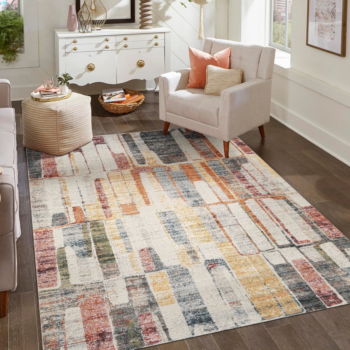 Multicolour Aress Slate modern rug, in a room setting
