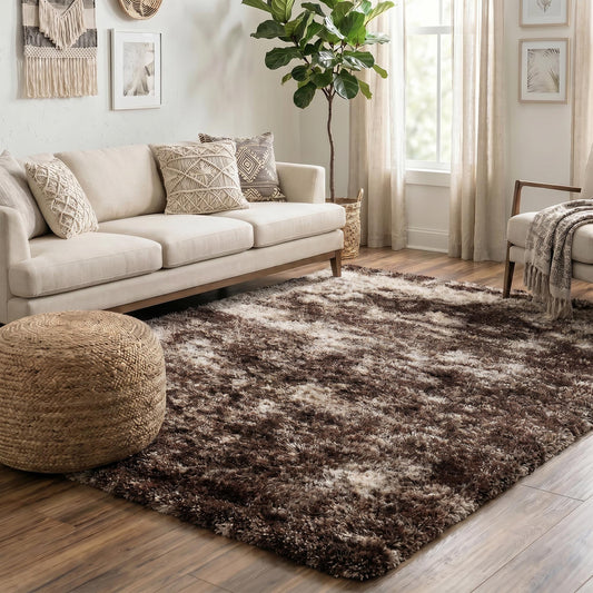 Bronze California Two Tone carved shaggy rug, in a room setting