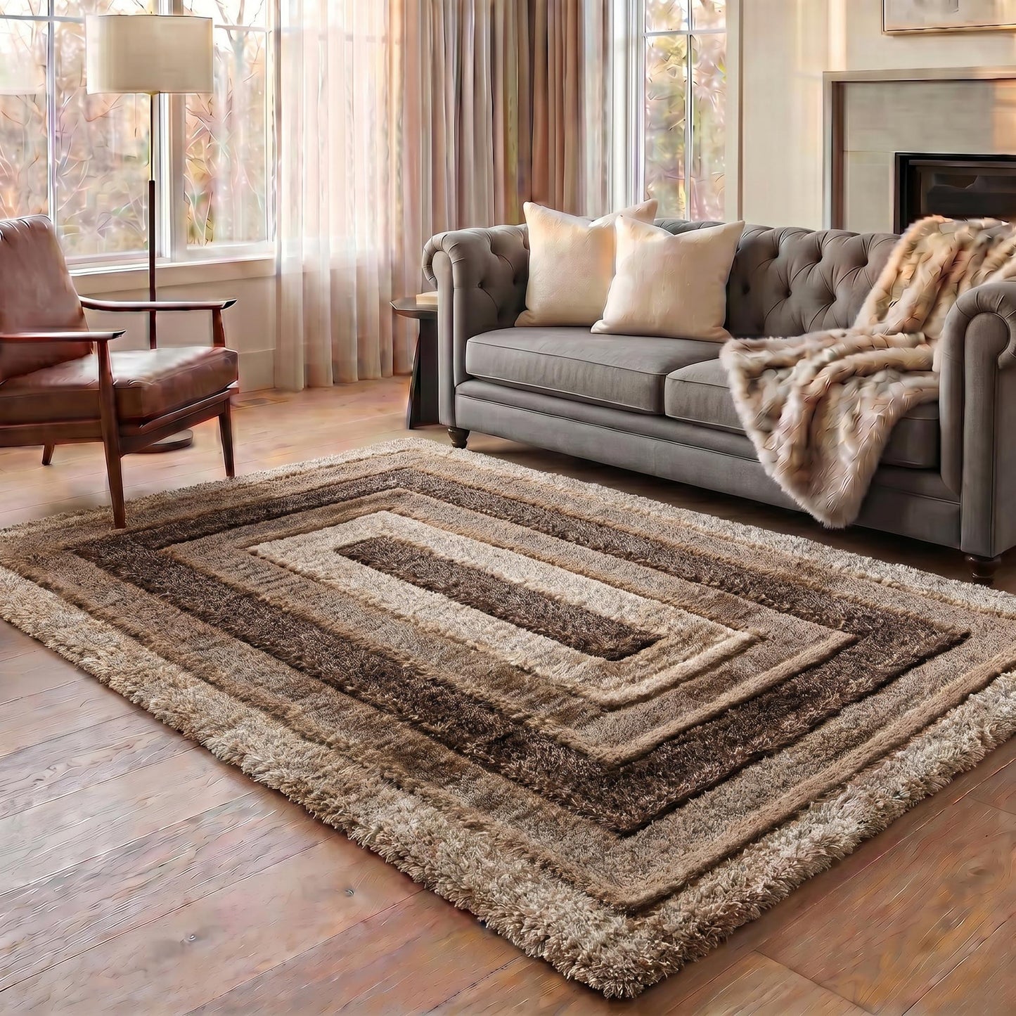 California Hand-Carved Shaggy Rug - Bordered Grey