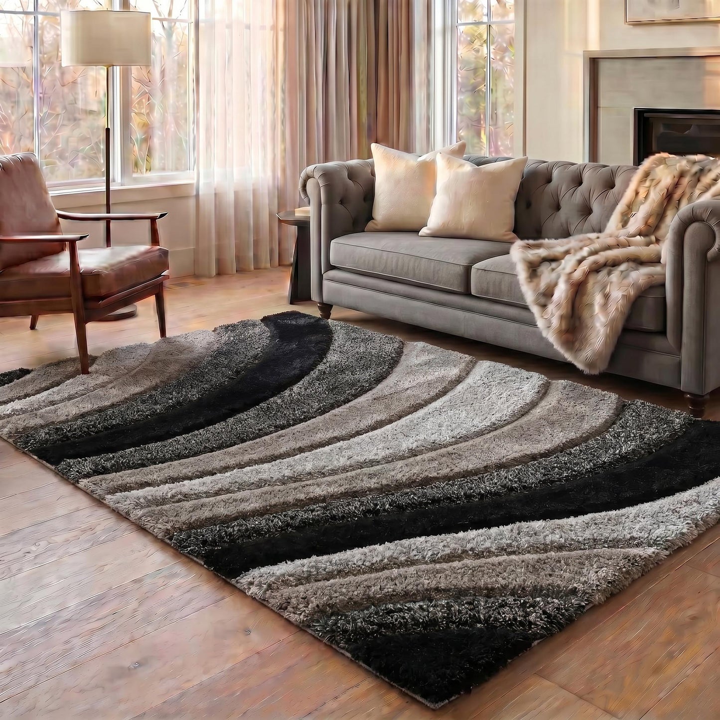 California Hand-Carved Shaggy Rug - Waves Bronze